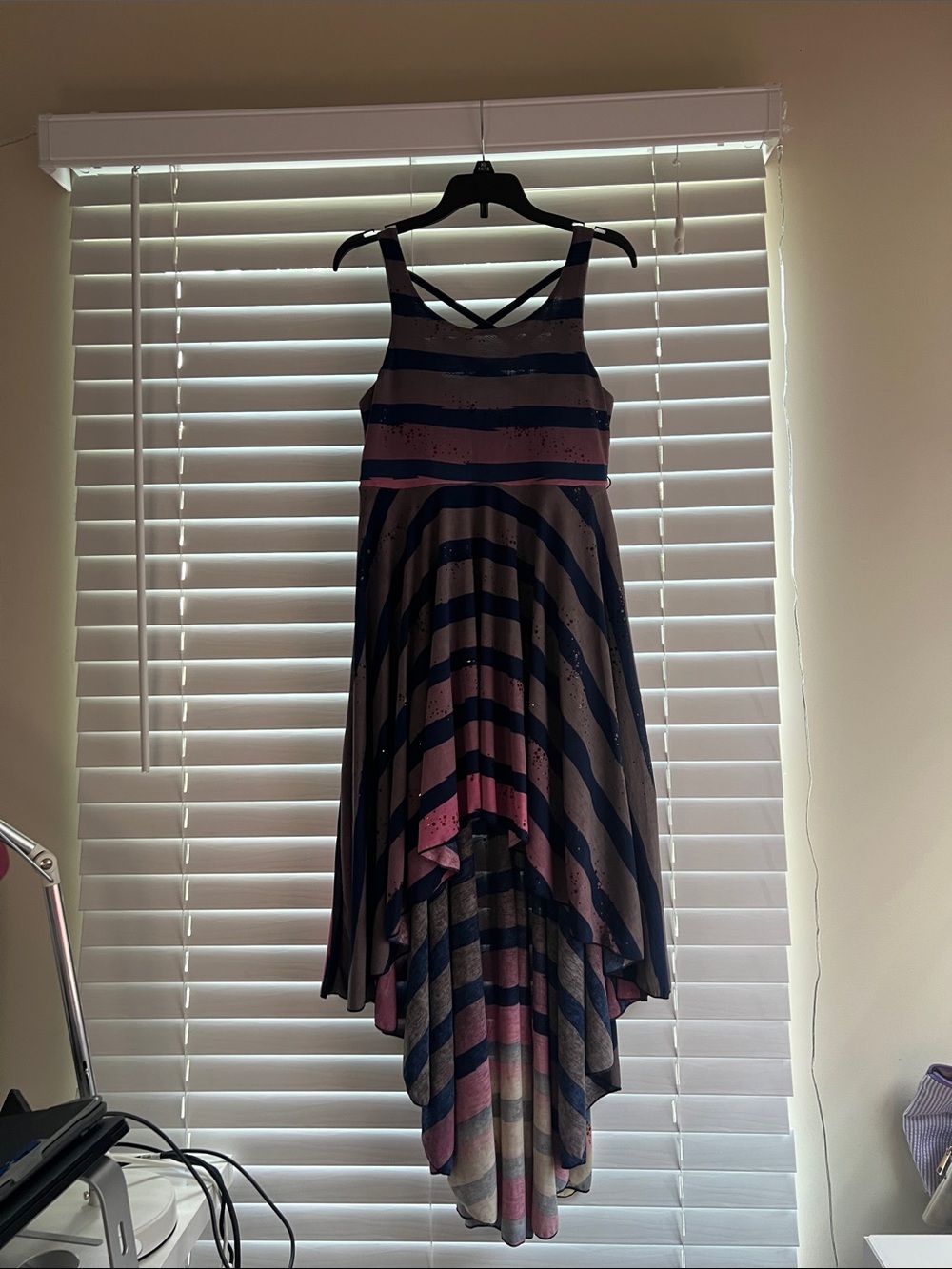 Truly Me Girls’ Black and Pink Striped High-Low Dress with Cross Back Size 14